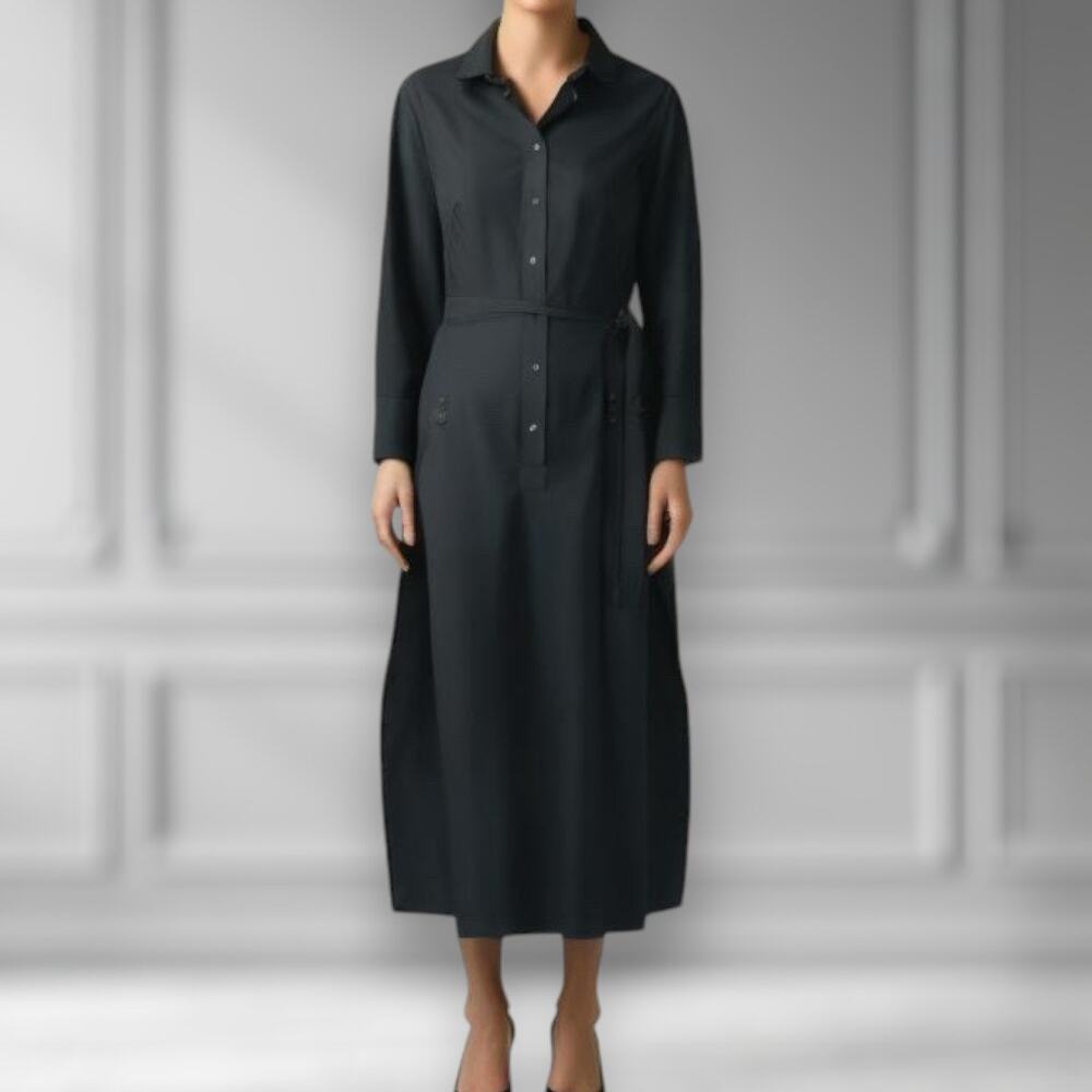 Akris Punto Sz 4 Long Sleeve Belted Shirt Dress Black Cotton Modest Professional